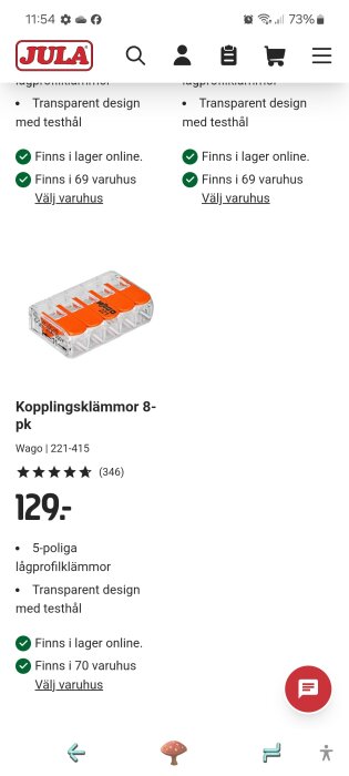 Bild på Wago kopplingsklämmor, 5-poliga lågprofilklämmor med transparent design. Finns som 8-pack, kostar 129 kr hos Jula.