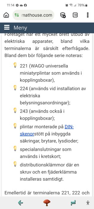 Webbsida med text om WAGO terminaler och deras användning i kopplingsboxar och elektriska installationer.