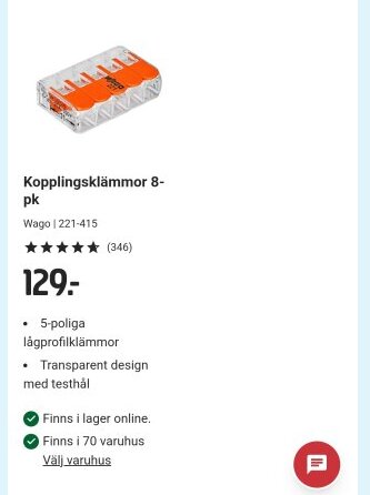 Kopplingsklämma Wago 221-415, 5-polig, transparent design. Säljs i 8-pack för 129 kr. Finns online och i 70 varuhus.