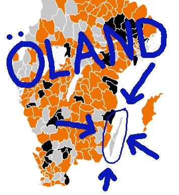 Karta över Sverige med Öland markerat med blå text och pilar.