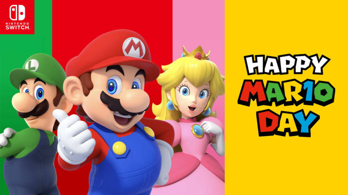 Karaktärerna Mario, Luigi och Peach firar Mario Day med texten "Happy Mar10 Day" mot en färgglad bakgrund med Nintendo Switch-logga.