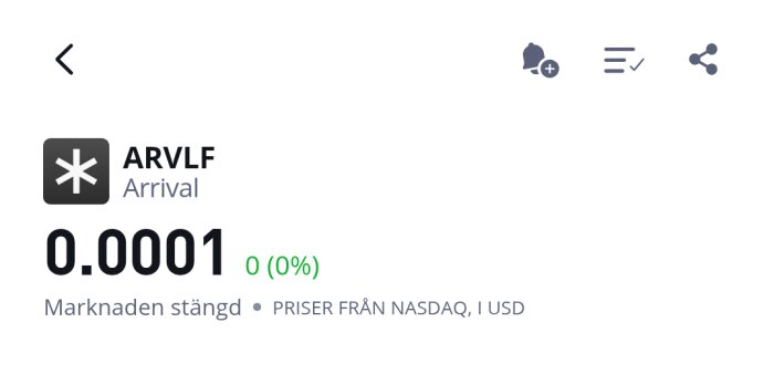 Aktiekurs för Arrival (ARVLF) på 0,0001 USD, med marknaden stängd och prisinformation från NASDAQ.