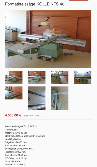 Formatkreissäge KÖLLE KFS 40 i ett rum, monterad på lastpall. Orange vägg i bakgrunden. Texter med specifikationer och pris syns på bilden.