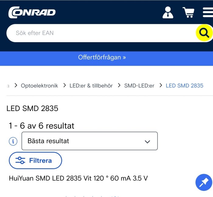 Resultat från Conrads webbplats för LED SMD 2835, med specifikationer 60 mA, 3.5 V, Vit 120°.