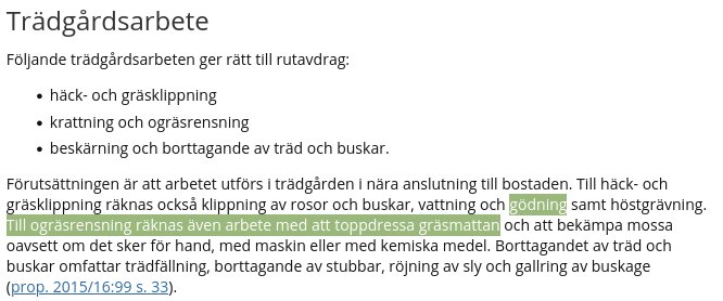 Text om trädgårdsarbete och rutavdrag från Skatteverkets rättsliga vägledning.