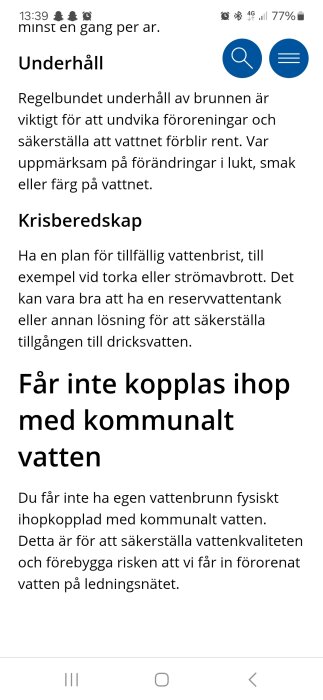 Text från Partille kommun om underhåll, krisberedskap och regler för vattenbrunnar.