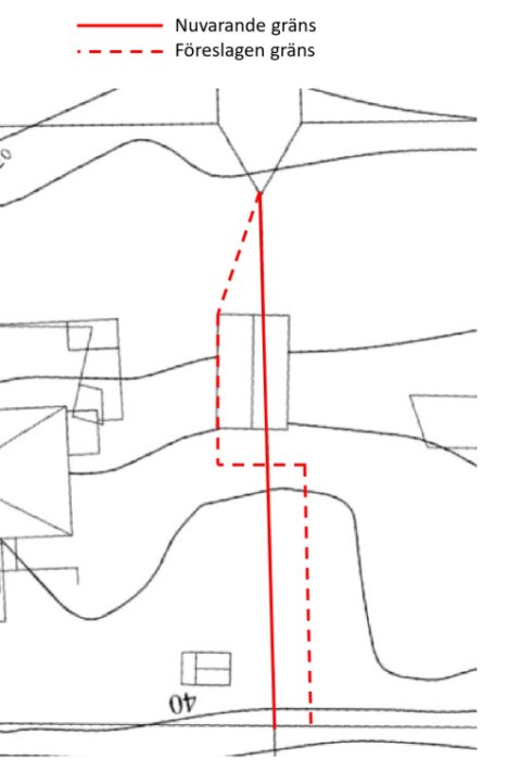 Karta som visar nuvarande och föreslagen fastighetsgräns med röda linjer vid garage på tomtgräns mellan två grannar.
