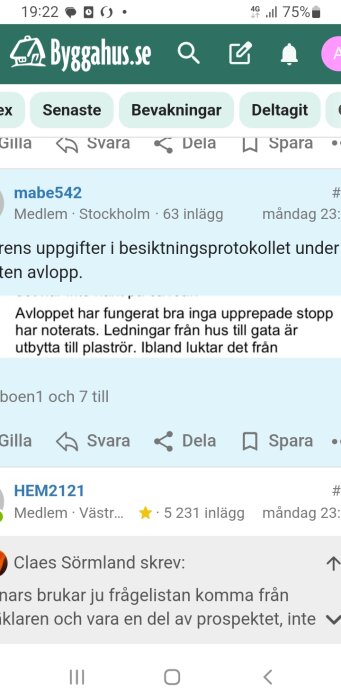 Forumdiskussion om avloppsledningars byte till plaströr enligt inspektionsprotokoll på Byggahus.se.