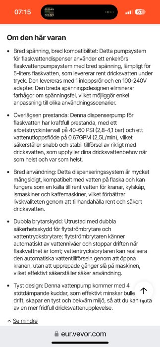 Beskrivning av en Vevor vattendispenspump som förklarar funktion som kompatibilitet, prestanda och säkerhetsskydd, ur en produktmanual.