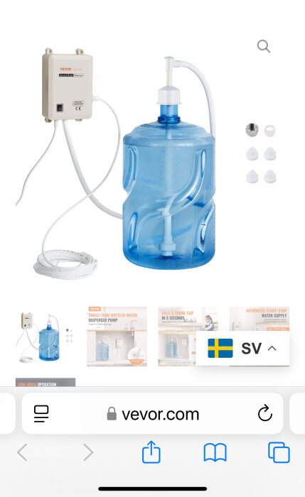 Vevor vattendistributionssystem med en blå vattendunk, pump och tillbehör.