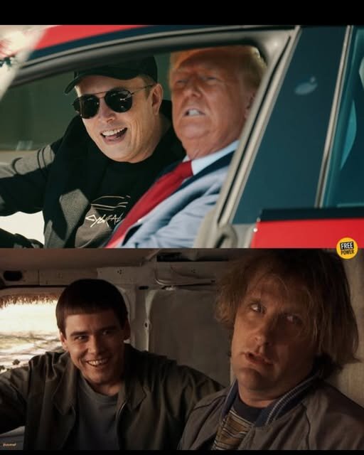 Två bilder: Överst två män i en bil, den ena med solglasögon. Nederst två män i en bil från en film med komisk uttryck.