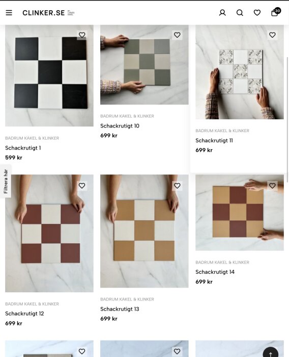 Schackrutiga kakelplattor från CLINKER.SE i olika färger, visas i sex olika alternativ för badrum.