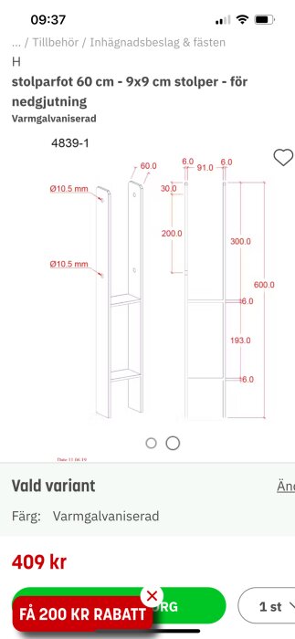 Skiss av varmgalvaniserad H stolpfot 60 cm för nedgjutning, med detaljerade måttangivelser för stolpar 9x9 cm.