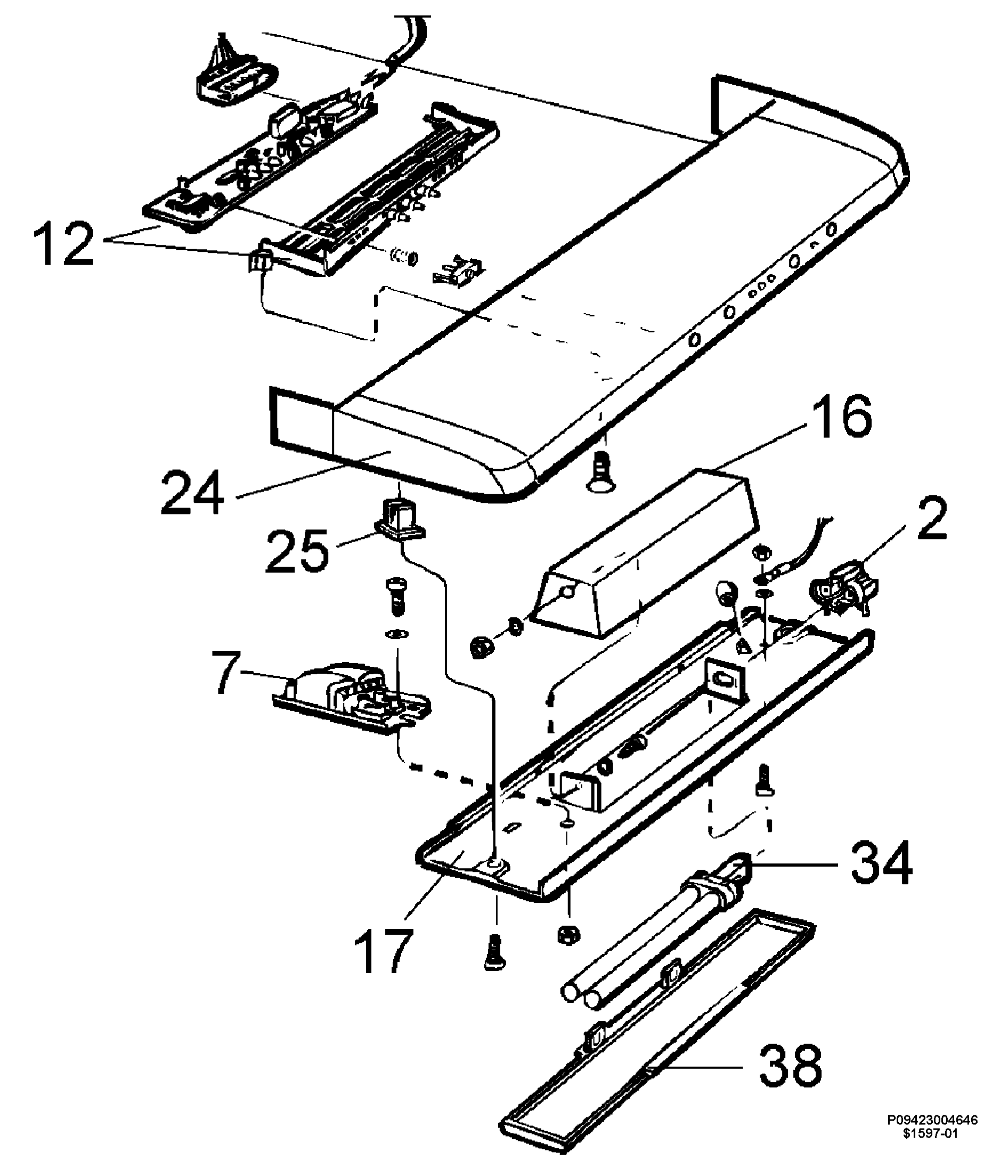 Exploderad vy av ett lampskydd med skruvpositioner markerade, sökes hjälp för att identifiera vilka skruvar som ska lossas.