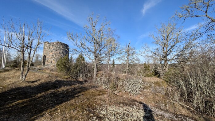 Stentorn på ett kargt landskap med träd omkring, under klarblå himmel.