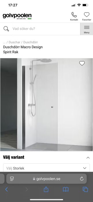 Duschhörn med transparent vikbar dörr och silverfärgade detaljer, märkt Golvpoolen Macro Design Spirit Rak.