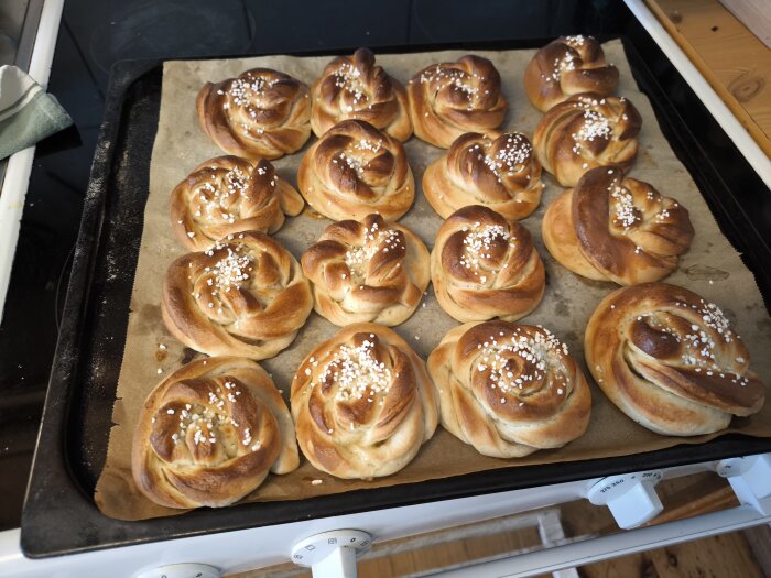 Nygräddade vaniljbullar på en plåt, beströdda med pärlsocker.