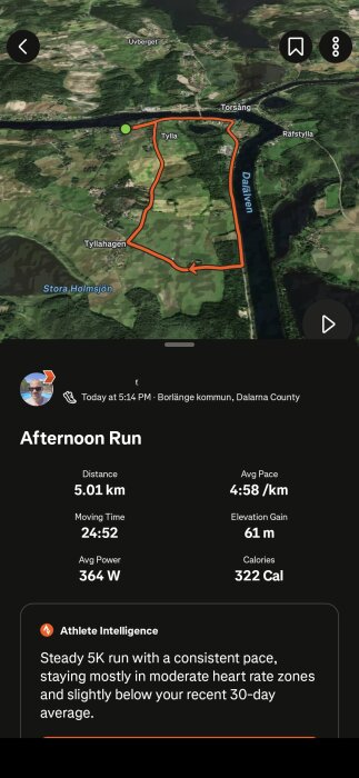 Karta över löprunda nära Torsång, Borlänge. Total distans 5.01 km, tempo 4:58/km, tid 24:52, höjdvinst 61 m, brända kalorier 322.