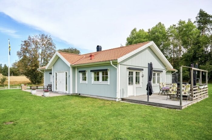 Ljuset blått hus med rött tak, omgiven av grön gräsmatta. Veranda med möbler på högersidan och svensk flagga i bakgrunden.