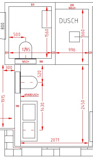 Planskiss av badrum med duschområde 996x1660 mm och nisch. Ritning visar placering av dusch och inredning med mått för optimal designplanering.