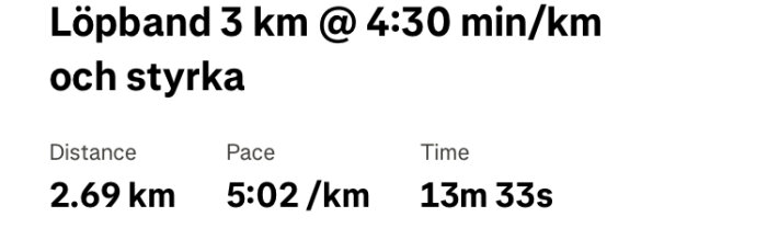 Bilden visar löpstatistik: 2.69 km på löpband med ett tempo på 5:02 min/km, totaltid 13 minuter och 33 sekunder.