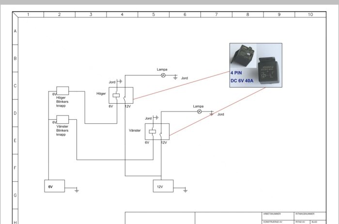 Kopplingsschema med 6V relä och blinkersknappar; detaljbild av 4-pin relä (DC 6V 40A) visas i hörnet.