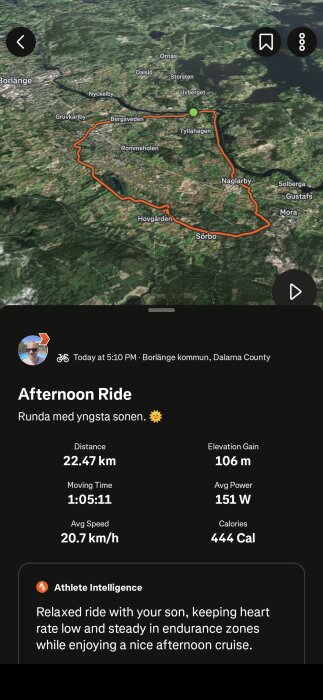 3D-karta och statistik för en cykelrunda i Borlänge kommun, Dalarna. Rutten visar en rundslinga med detaljer som avstånd, tid och kaloriförbrukning.