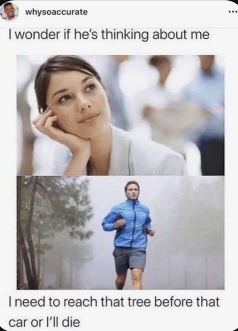 Kvinna som tänker; man som springer i ett träningsspår i skogen.