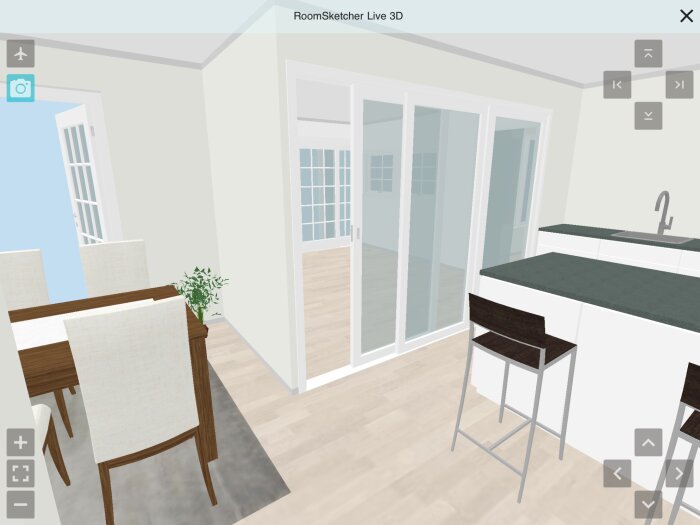 3D-illustration av ett inrett rum med ett glasparti mellan kök och matsal. Möbelarrangemang inkluderar matbord, stolar och barstolar vid köksbänk.