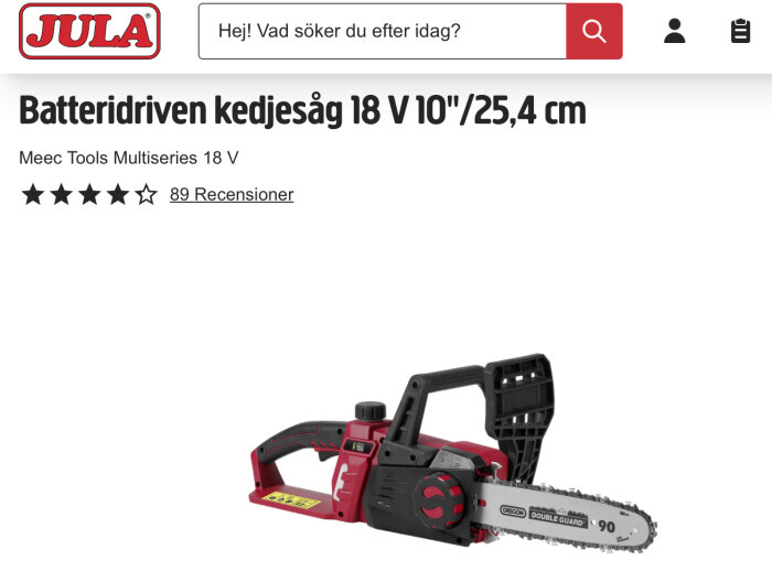 Batteridriven kedjesåg Meec Tools Multiseries 18 V, 25,4 cm med rött och svart handtag, från Julas hemsida.