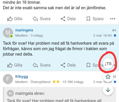 Knapp markerad med texten "TS" i ett diskussionsforum med inlägg om byggfrågor.