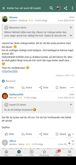 Skärmdump av diskussionsforumstråd om katter och glykol, med flera inlägg från olika användare.