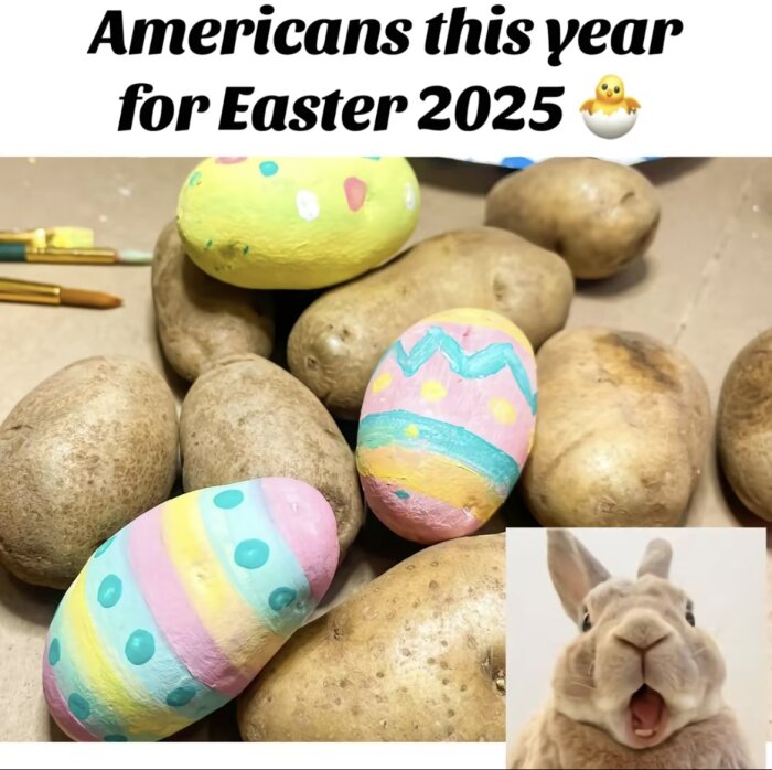 Målade påskägg och potatisar med en förvånad kanin bredvid.