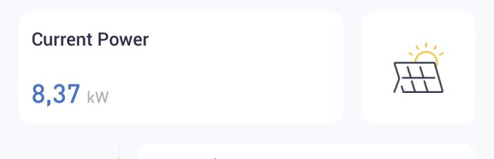 Visar nuvarande effektproduktion på 8,37 kW från solceller, med en ikon av en solpanel och sol i bakgrunden.