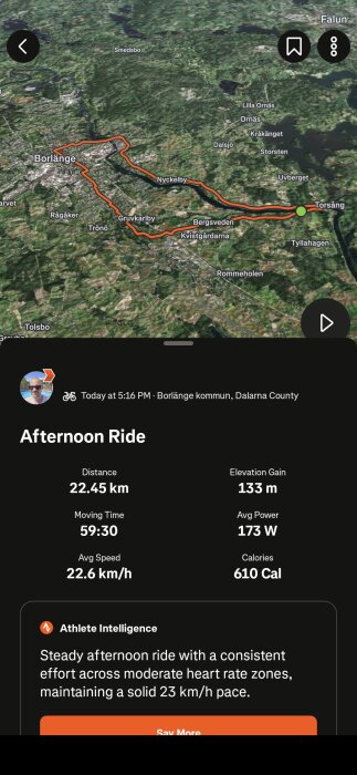 Karta över cykelrutt nära Borlänge med start i Torsång. Sträcka 22,45 km, flyttid 59 min, höjdökning 133 m, medelhastighet 22,6 km/h, kaloriförbrukning 610.