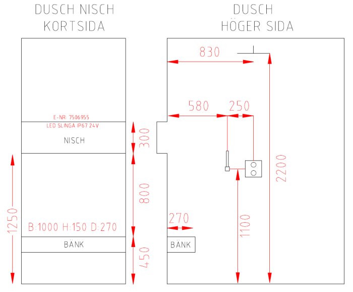 Ritning av duschnisch med måttangivelser och placering av blandare, bänk och LED-slinga.