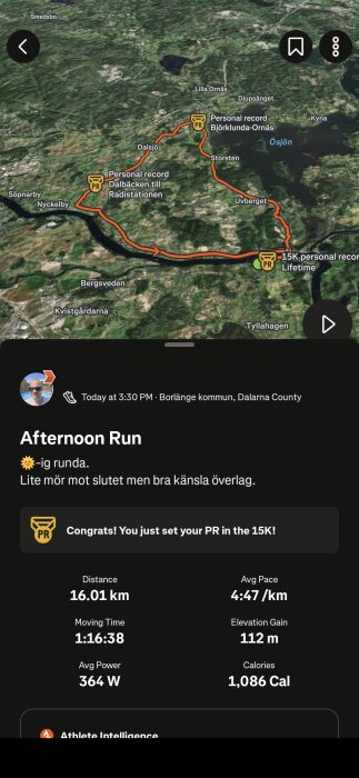 Karta över en löprunda i Dalarna med 16 km rutt. Information om tid, tempo, distans och kaloriförbrukning. Löpning gjordes kl 15:30.