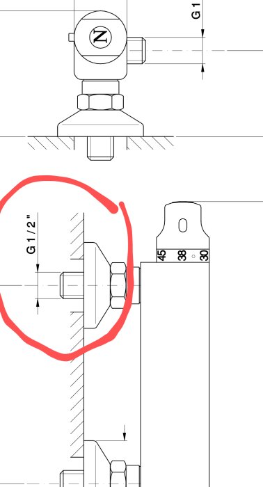 Ritning av specialblandare med G 1/2 anslutning markerad i rött, fråga om koppling till LKs PEX 16mm.