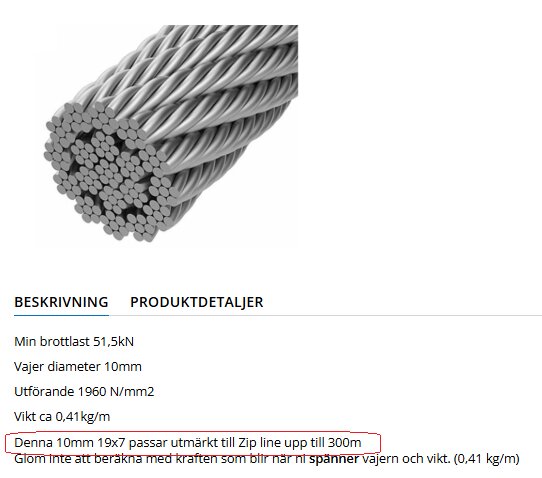 Bild av en stålwire specificerad som 10mm diameter, lämplig för zipline upp till 300m, med brottgräns 51,5kN och vikt på 0,41kg/m.