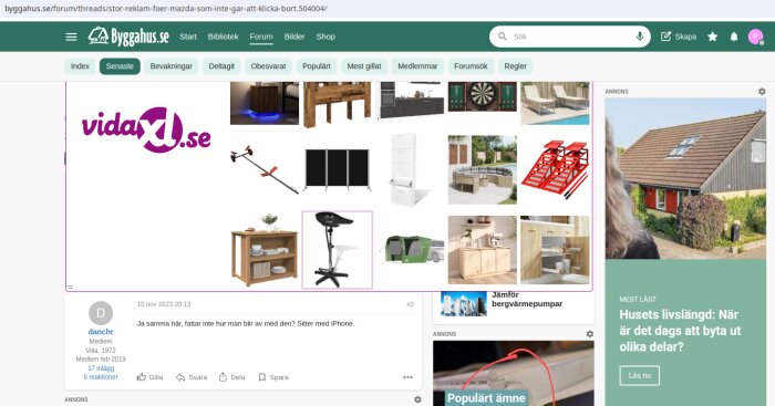 Reklam för vidaXL.se med bilder av möbler och utrustning, inklusive en cykelsadelstol och en grön tältvagn.