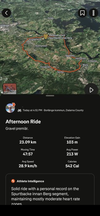 Cykelrutt på karta över Borlänge, med detaljer om distans och snitthastighet. Personligt rekord nämns vid "Spurtbacke innan Berg".