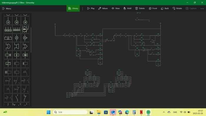 Styrschema för en travers i Simurelay, visar kopplingar för två motorer i ett vindkraftverk med gränslägesgivare och Y-D start.