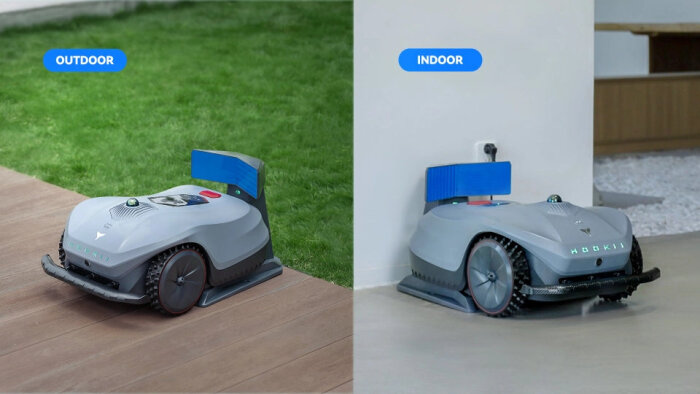 Robotgräsklippare HOOKII Navomox X Pro visas både utomhus på gräs och inomhus vid en vägg.