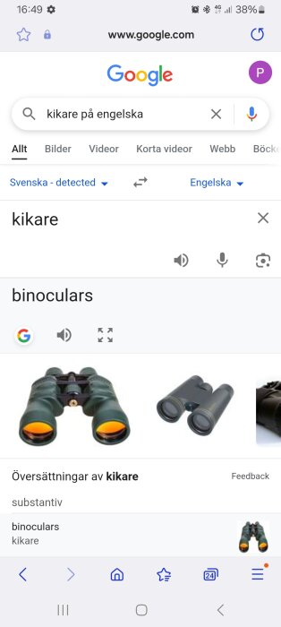 Google Translate-sökning för "kikare på engelska" visar resultatet "binoculars" med bilder av kikare.