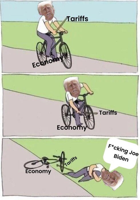 Tecknad serie med en cyklist märkt "Economy" som orsakar sig själv problem med "Tariffs" och skyller på "Joe Biden".