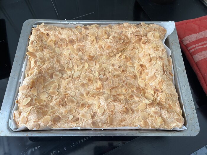 Pinocchiotårta täckt med mandelspån nygräddad på bakplåtspapper, redo att delas och läggas samman med grädde och bär.