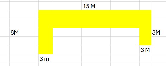Altanens layout i gul, formad som ett U med måtten 15x8 meter och angränsande sektioner på 3 meter, visas på ett rutnät.