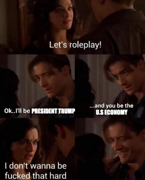 Två personer pratar om rollspel, en säger att han ska vara president Trump och hon den amerikanska ekonomin; hon uttrycker missnöje.