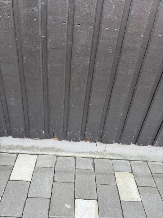 Grå träpanel med synlig röta längst ner, placerad ovanför en grå stenbelagd yta.