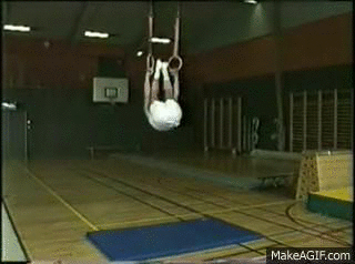 En person i gymnastiksal fastnar upp och ner i ett par romerska ringar.